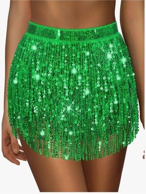 Sequined Fringe Mini Skirt - Green